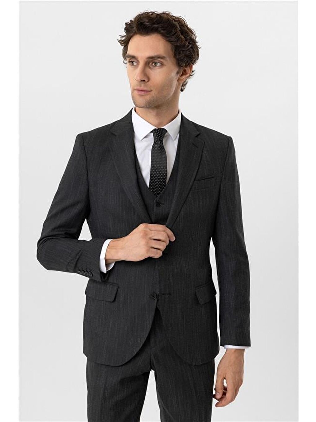 Siyah Slim Desenli Mono Yaka 6 Drop Yelekli Takım Elbise-4