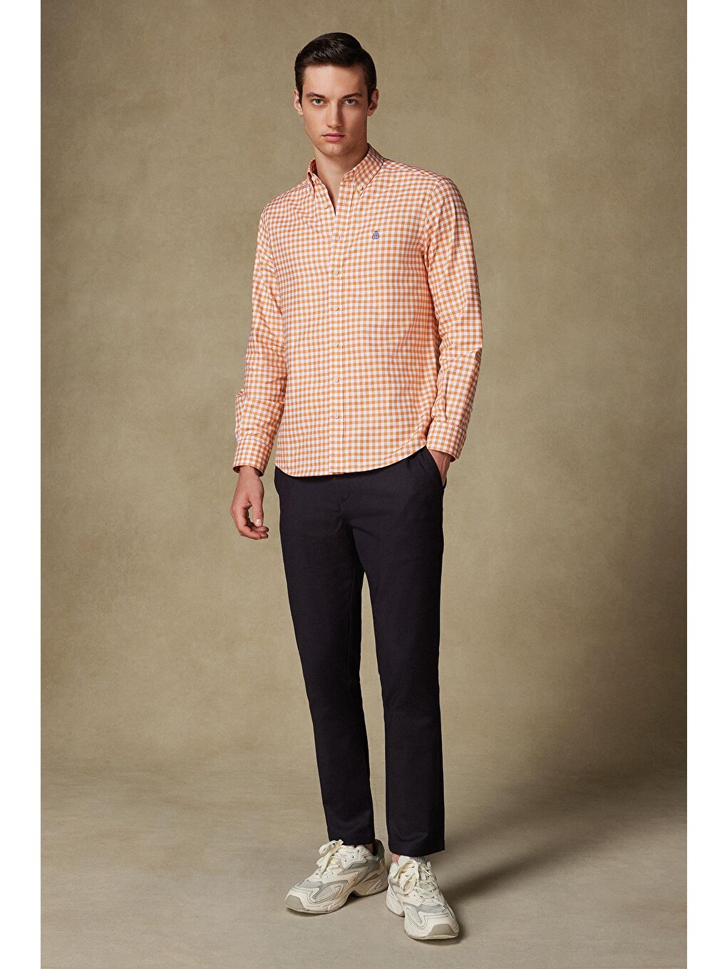 Lusso Twill Pamuklu Comfort Fit Turuncu Düğmeli Yaka Erkek Kareli %100 Pamuk Gömlek-3