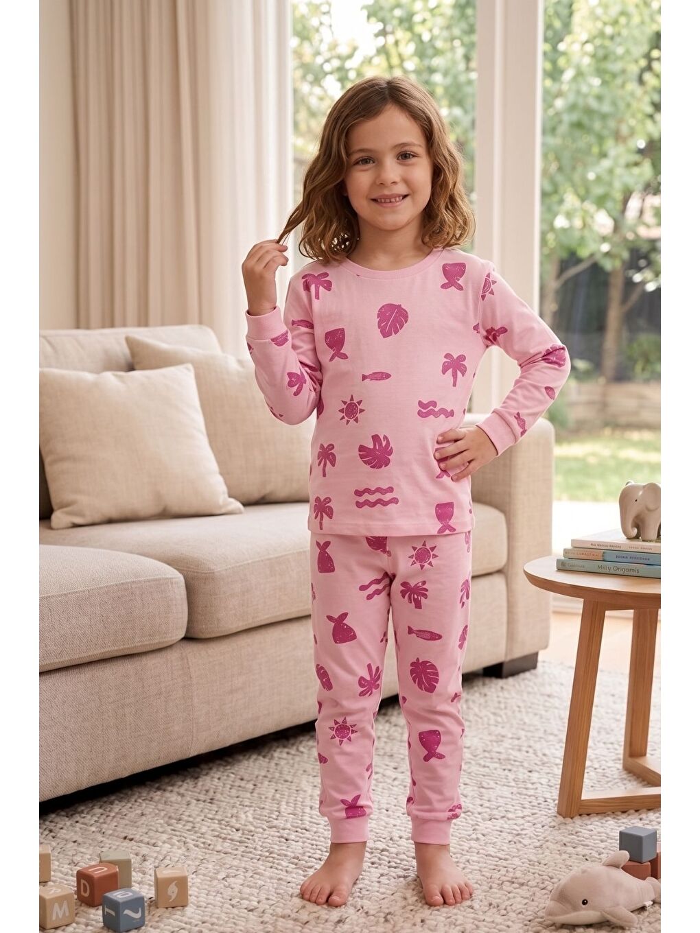 Deniz Temalı Pembe Renk %100 Pamuk Kız Çocuk Pijama Takımı-5