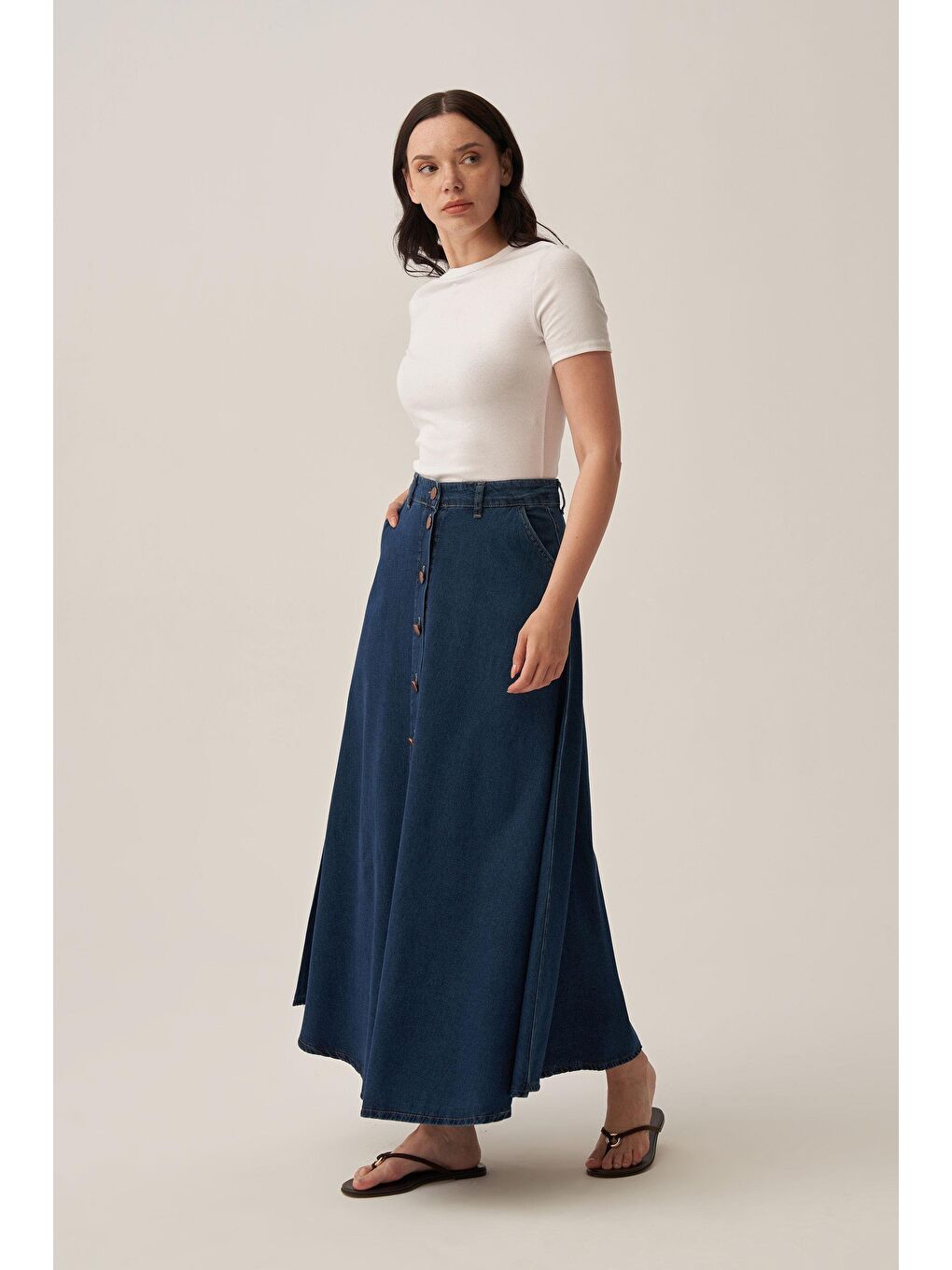 Koyu Mavi-Boydan Düğmelİ Denİm Etek-1