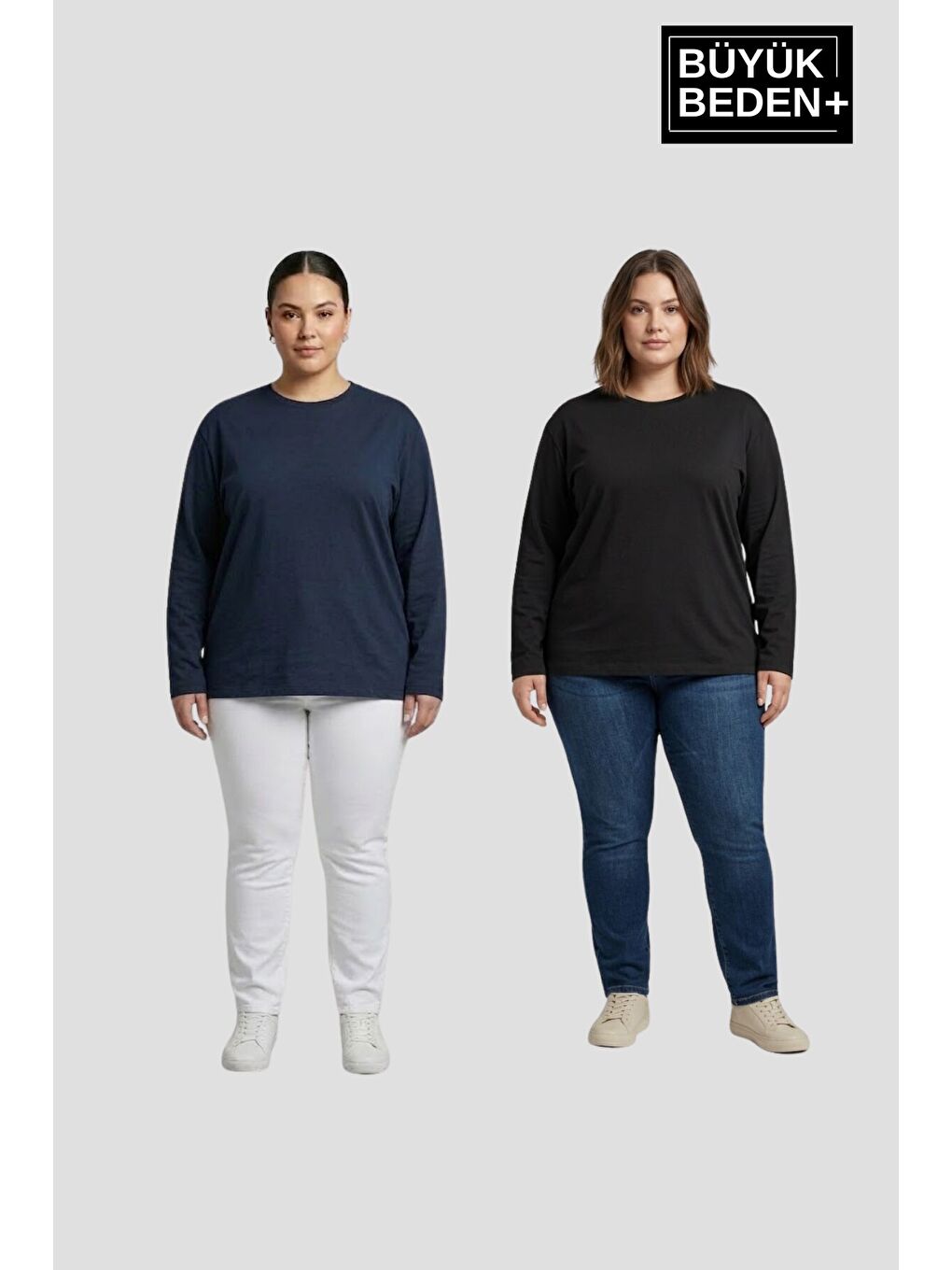 Lacivert Kadın Büyük Beden 2'li Set Uzun Kollu 2 İplik Bisiklet Yaka Tişört SPR26BEA942+2
