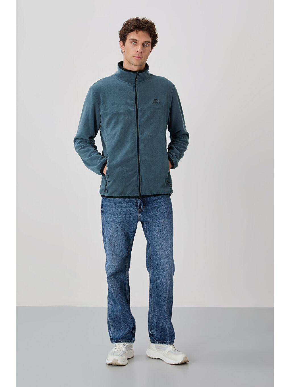 Petrol Yazı Nakışlı Dik Yaka  Standart Kalıp Erkek Fermuarlı Sweatshirt Polar - 87992-2