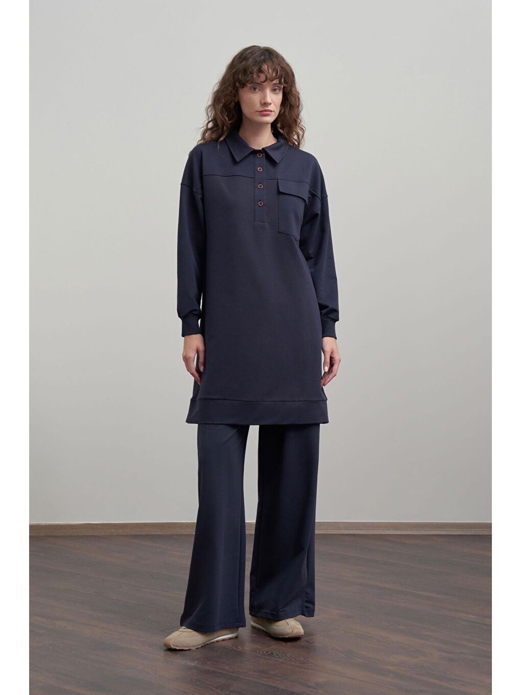 Lacivert-Pamuklu Cep Detaylı Tunik