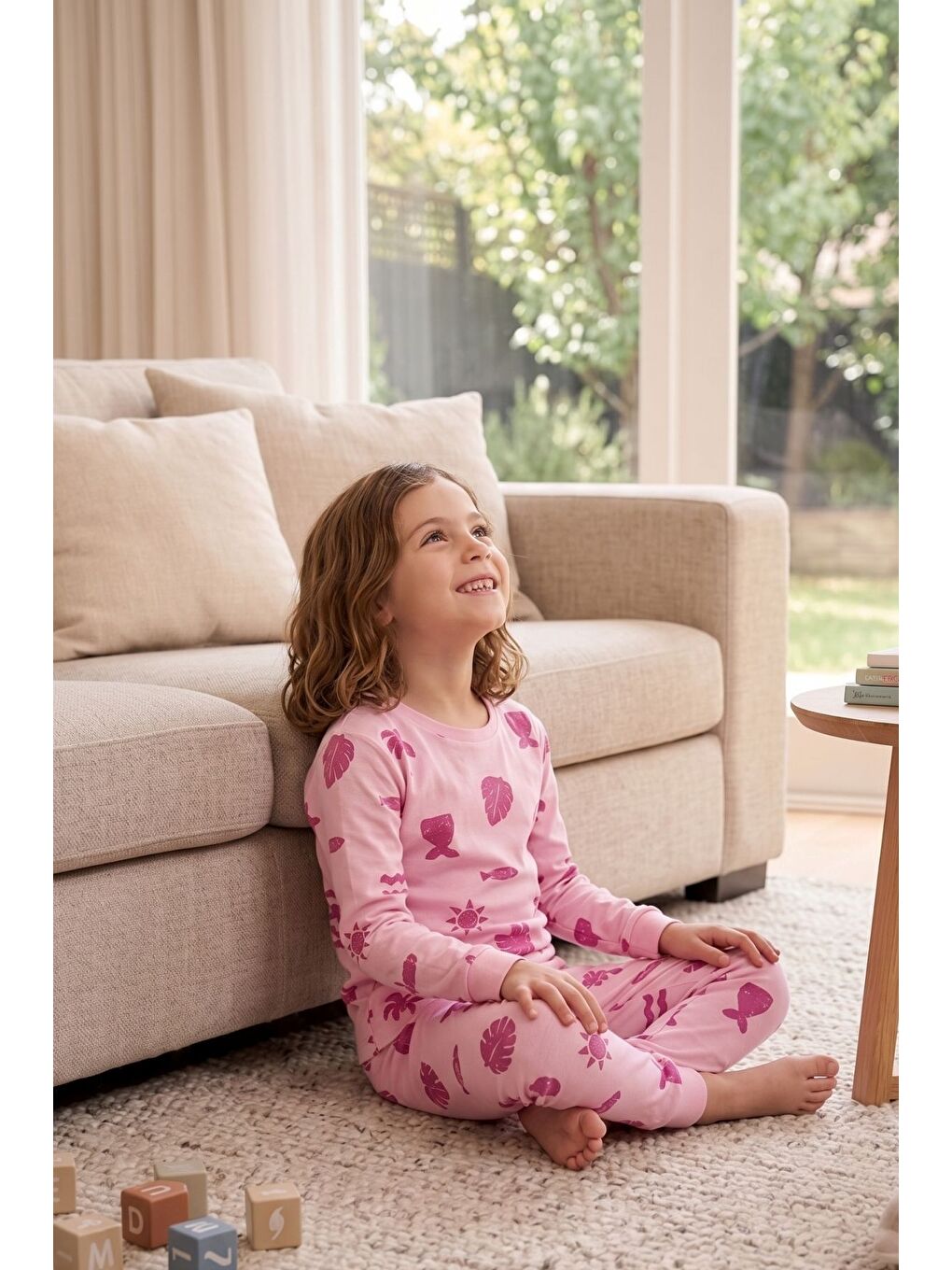Deniz Temalı Pembe Renk %100 Pamuk Kız Çocuk Pijama Takımı-6