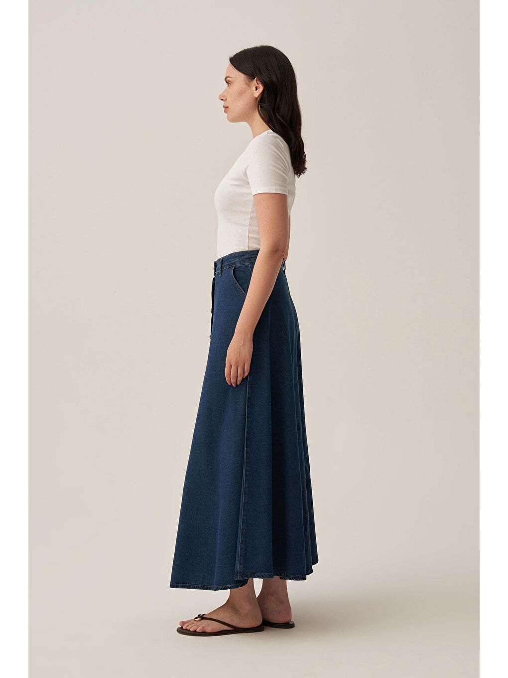 Koyu Mavi-Boydan Düğmelİ Denİm Etek-2