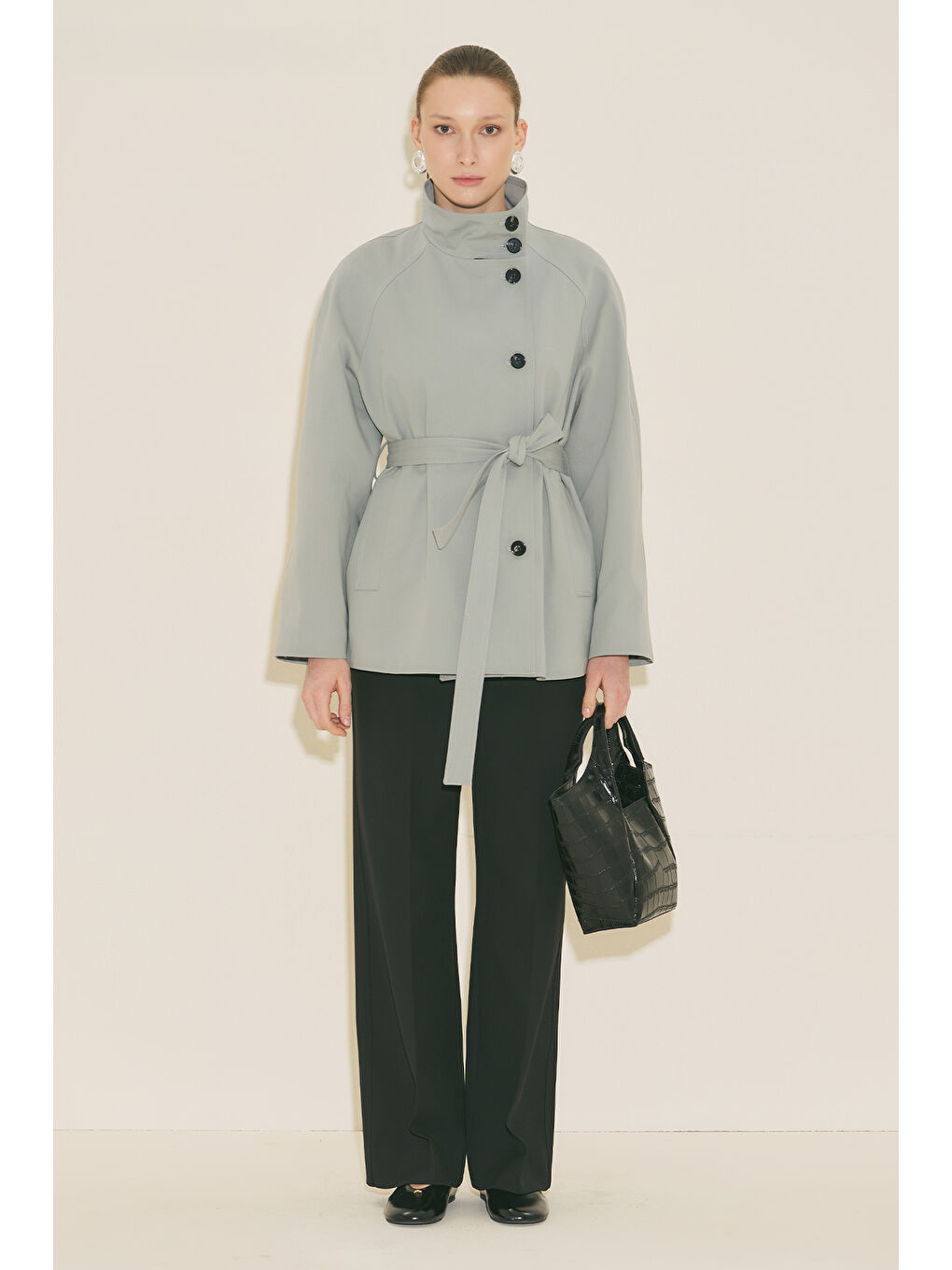 Henna Yüksek Yaka Trençkot Mavi-5