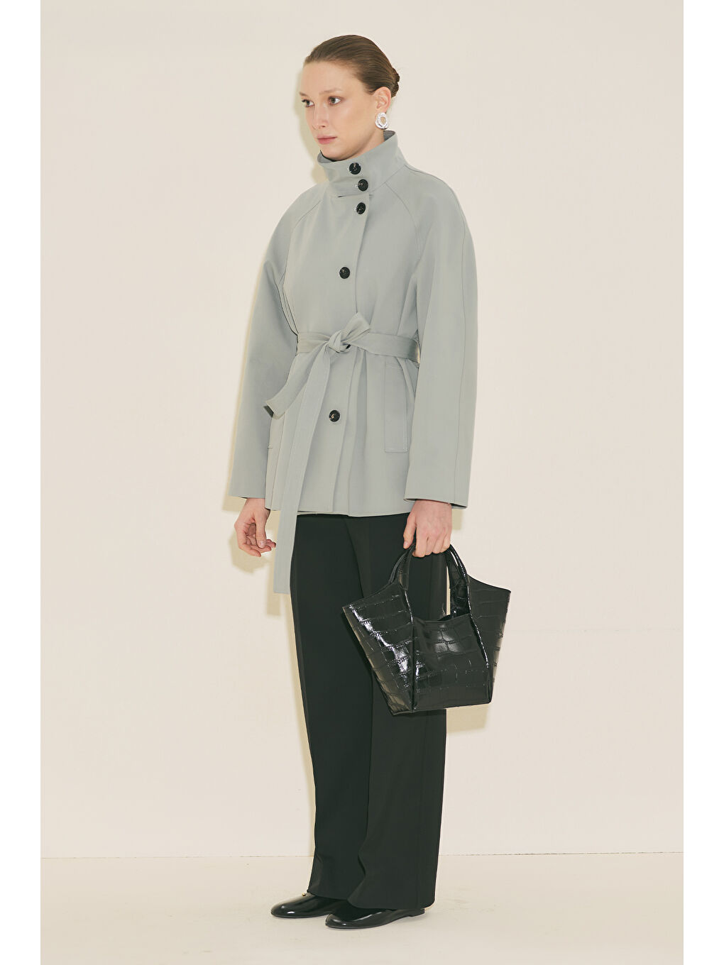 Henna Yüksek Yaka Trençkot Mavi-6