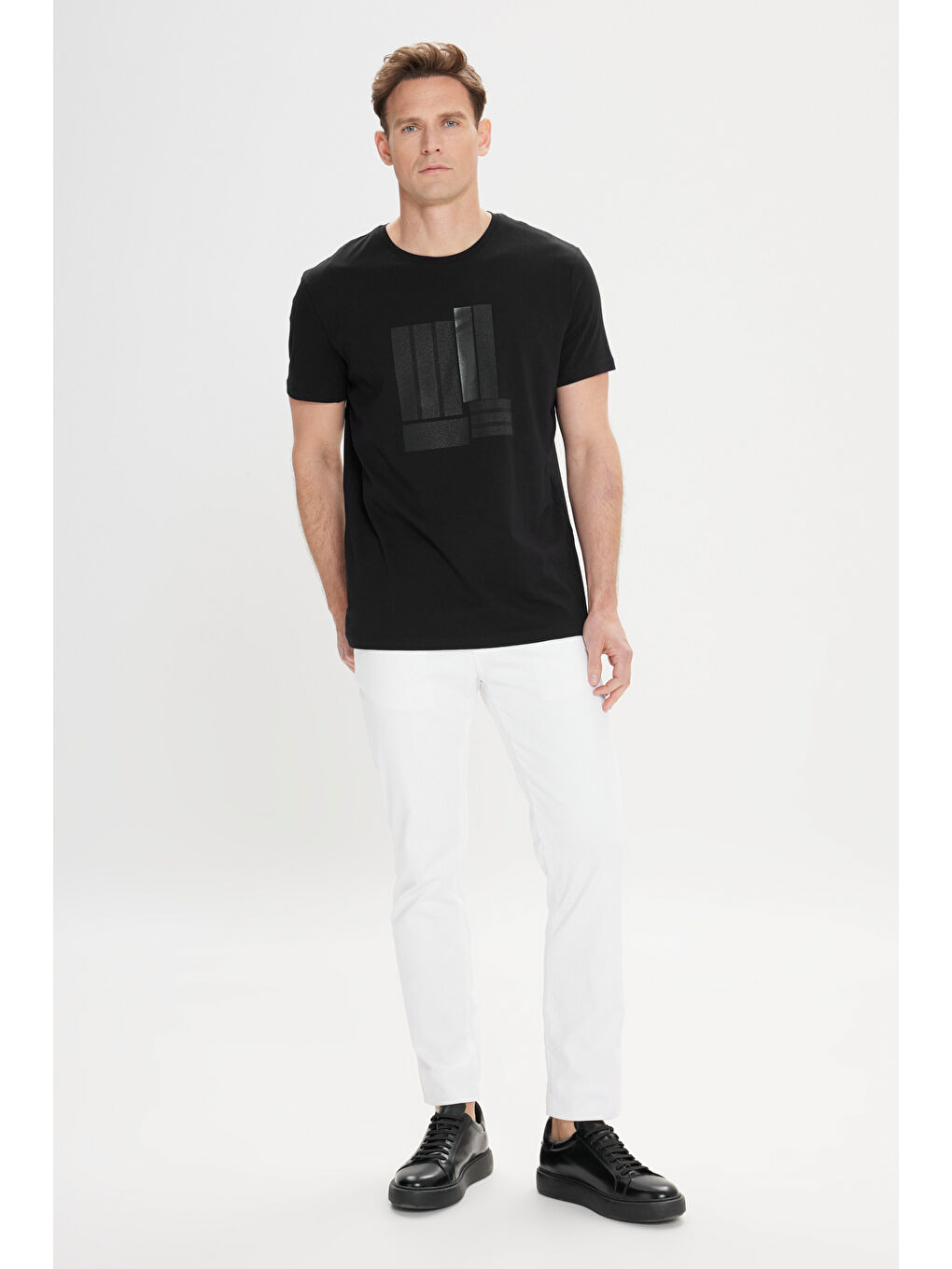 Erkek Siyah Slim Fit Dar Kesim Pamuklu Esnek Baskılı Bisiklet Yaka Tişört-1