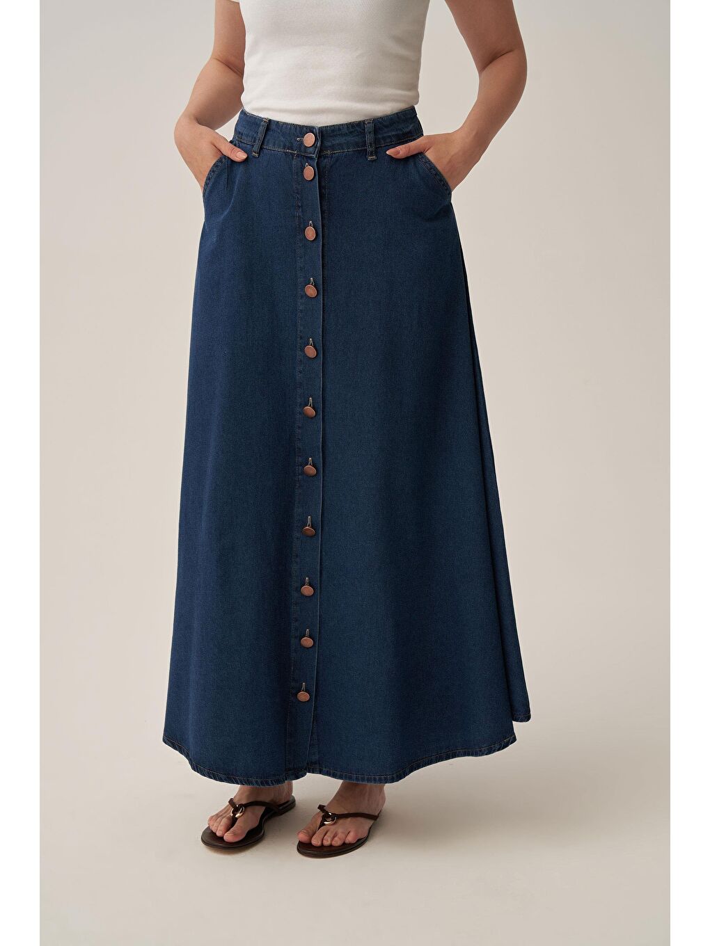 Koyu Mavi-Boydan Düğmelİ Denİm Etek-4