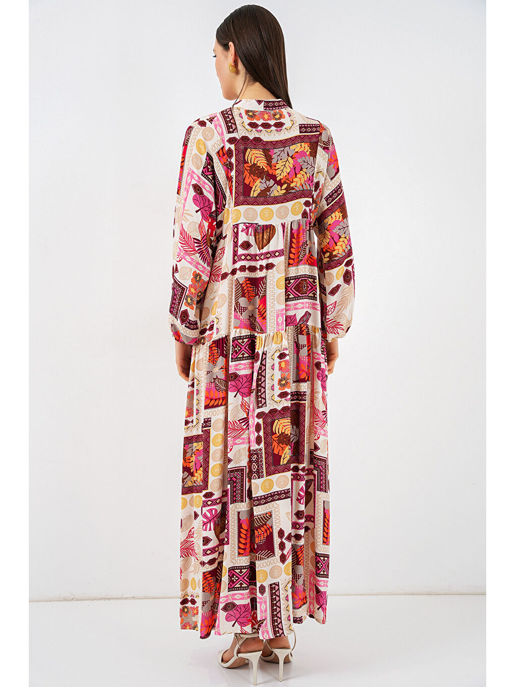 Kadın Desenli Uzun Tesettür Elbise 2585 - E. Turuncu-4