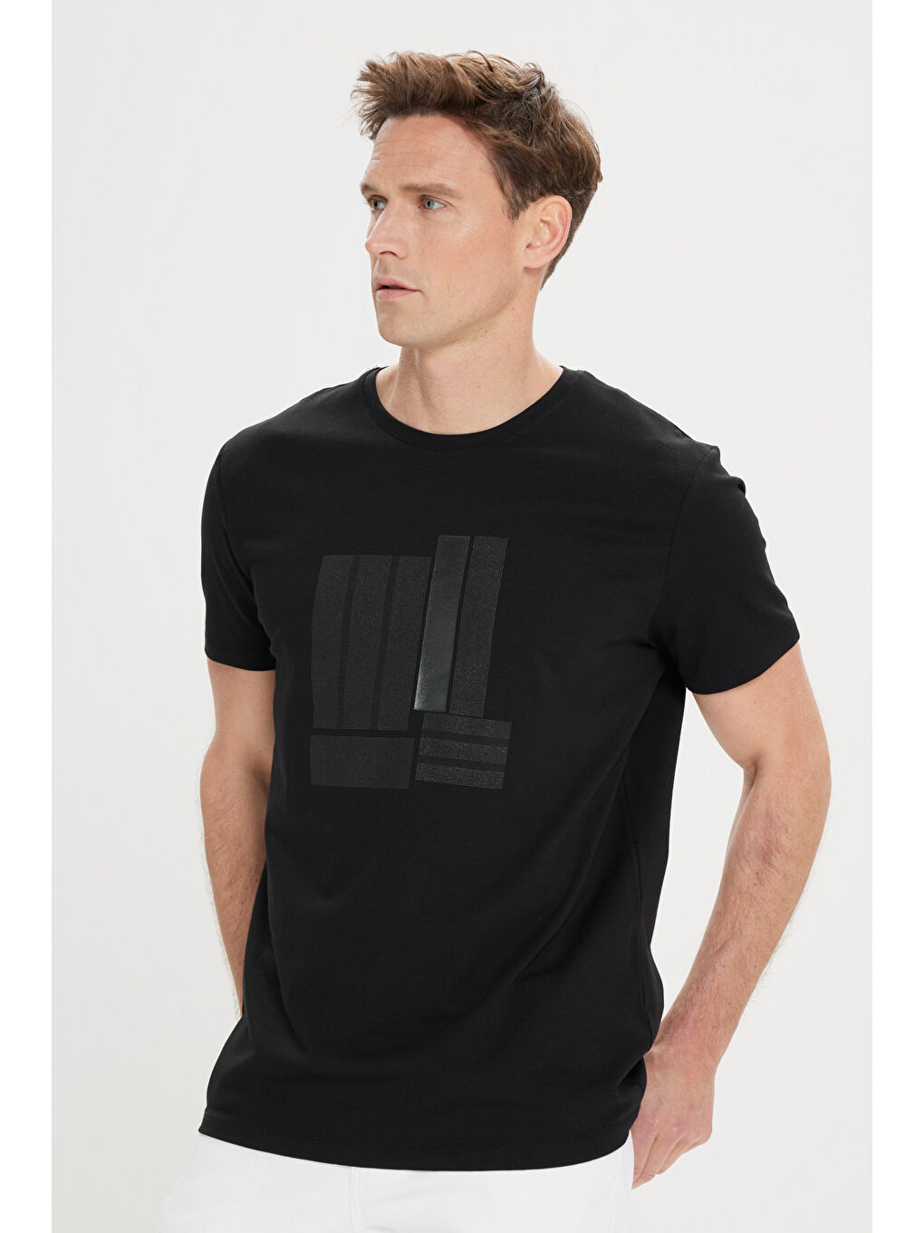 Erkek Siyah Slim Fit Dar Kesim Pamuklu Esnek Baskılı Bisiklet Yaka Tişört-2