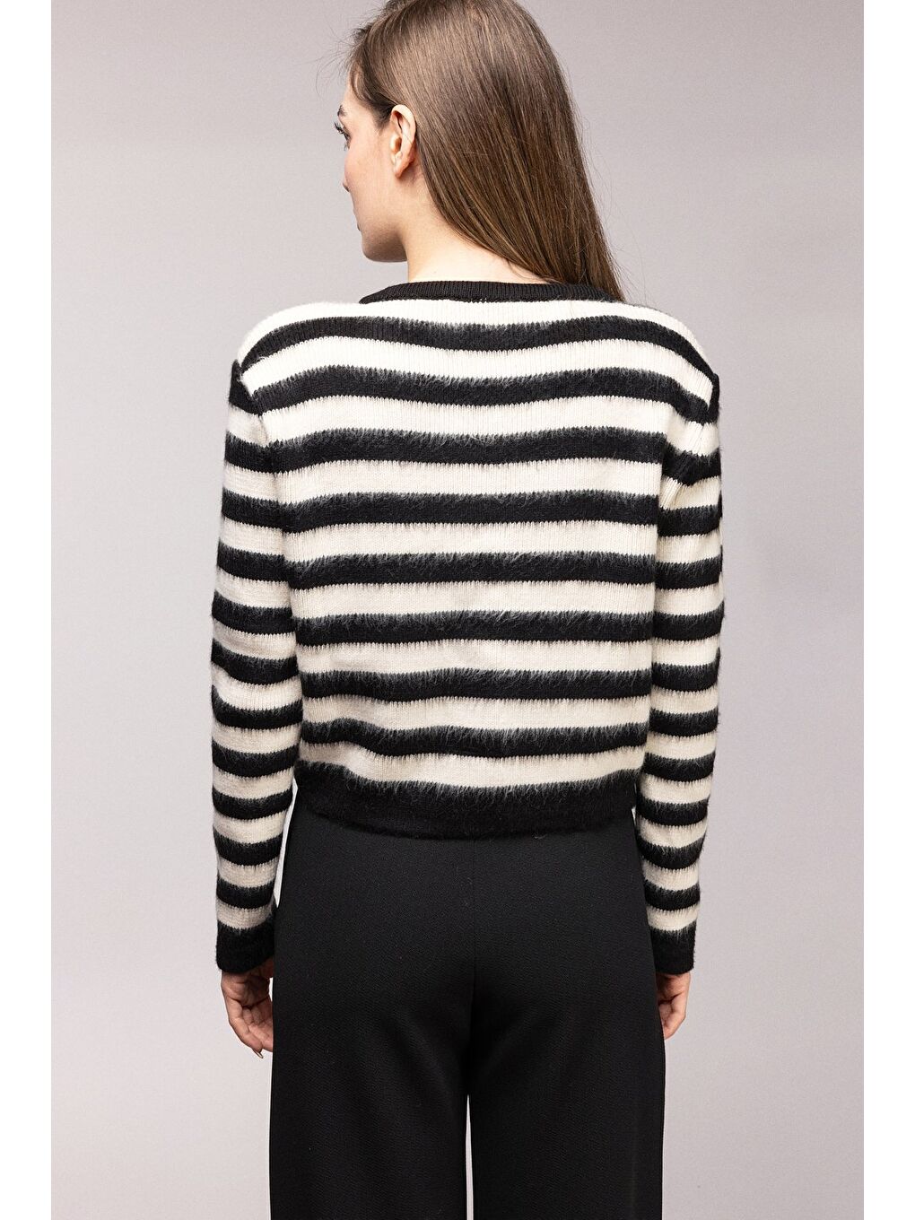 Siyah Çizgili Gold Düğmeli Bisiklet Yaka Hırka-4