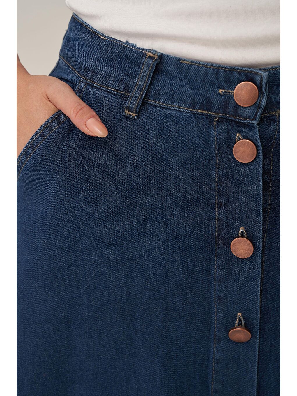 Koyu Mavi-Boydan Düğmelİ Denİm Etek-5