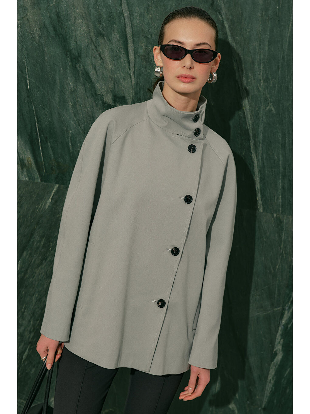 Henna Yüksek Yaka Trençkot Mavi-9