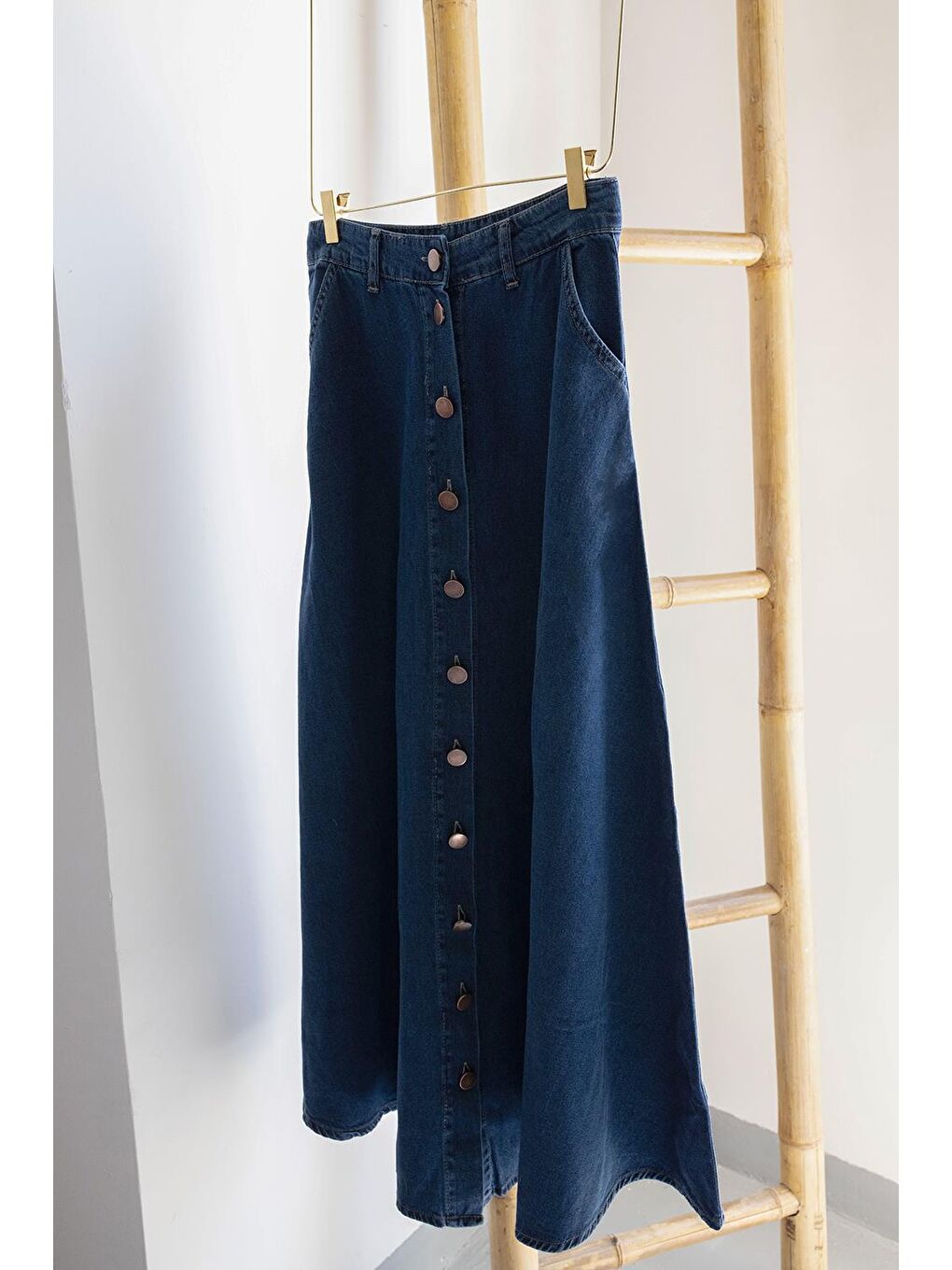 Koyu Mavi-Boydan Düğmelİ Denİm Etek-6