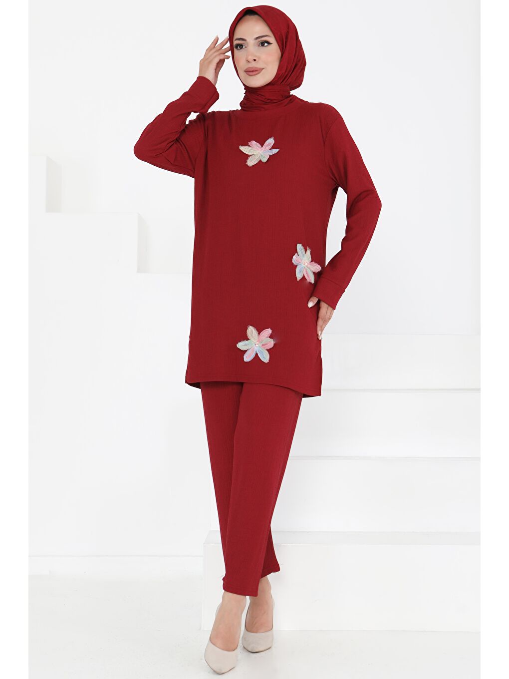 Çiçek Detaylı İkili Takım Bordo - 27371