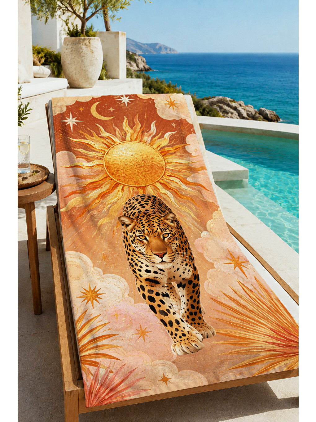 Yeşil Maximalist Leopar Güneş Ve Botanik Desenli 70x150 Plaj Havlusu - Dijital Baskılı Banyo Havlusu-4