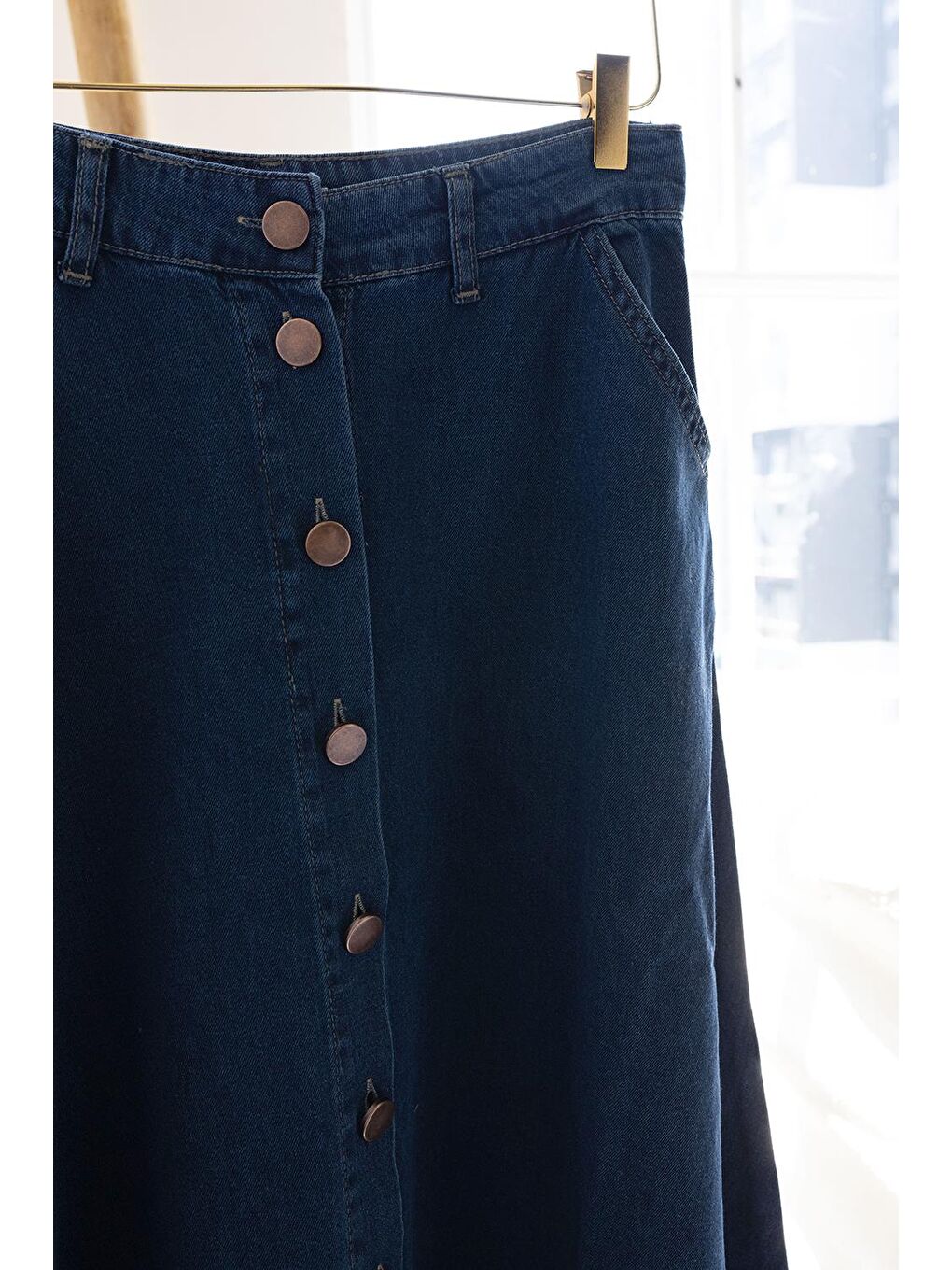 Koyu Mavi-Boydan Düğmelİ Denİm Etek-7