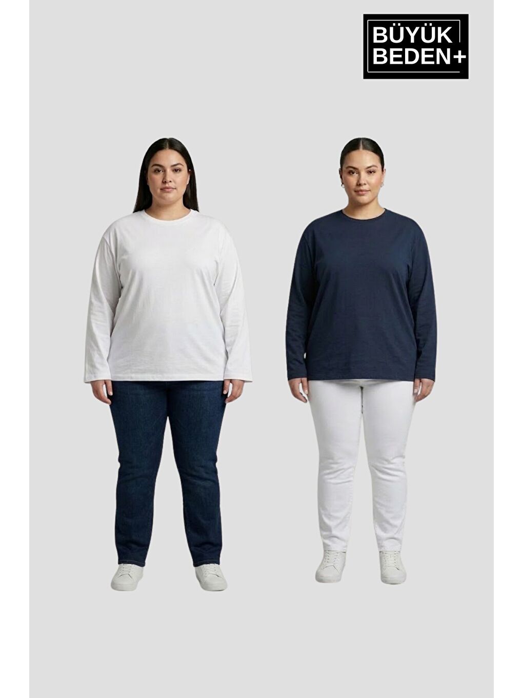 Beyaz Kadın Büyük Beden 2'li Set Uzun Kollu 2 İplik Bisiklet Yaka Tişört SPR26BEA942+2