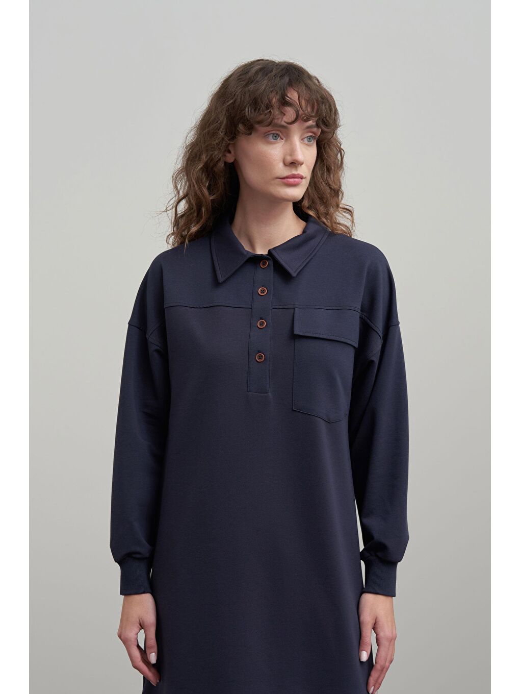 Lacivert-Pamuklu Cep Detaylı Tunik-3