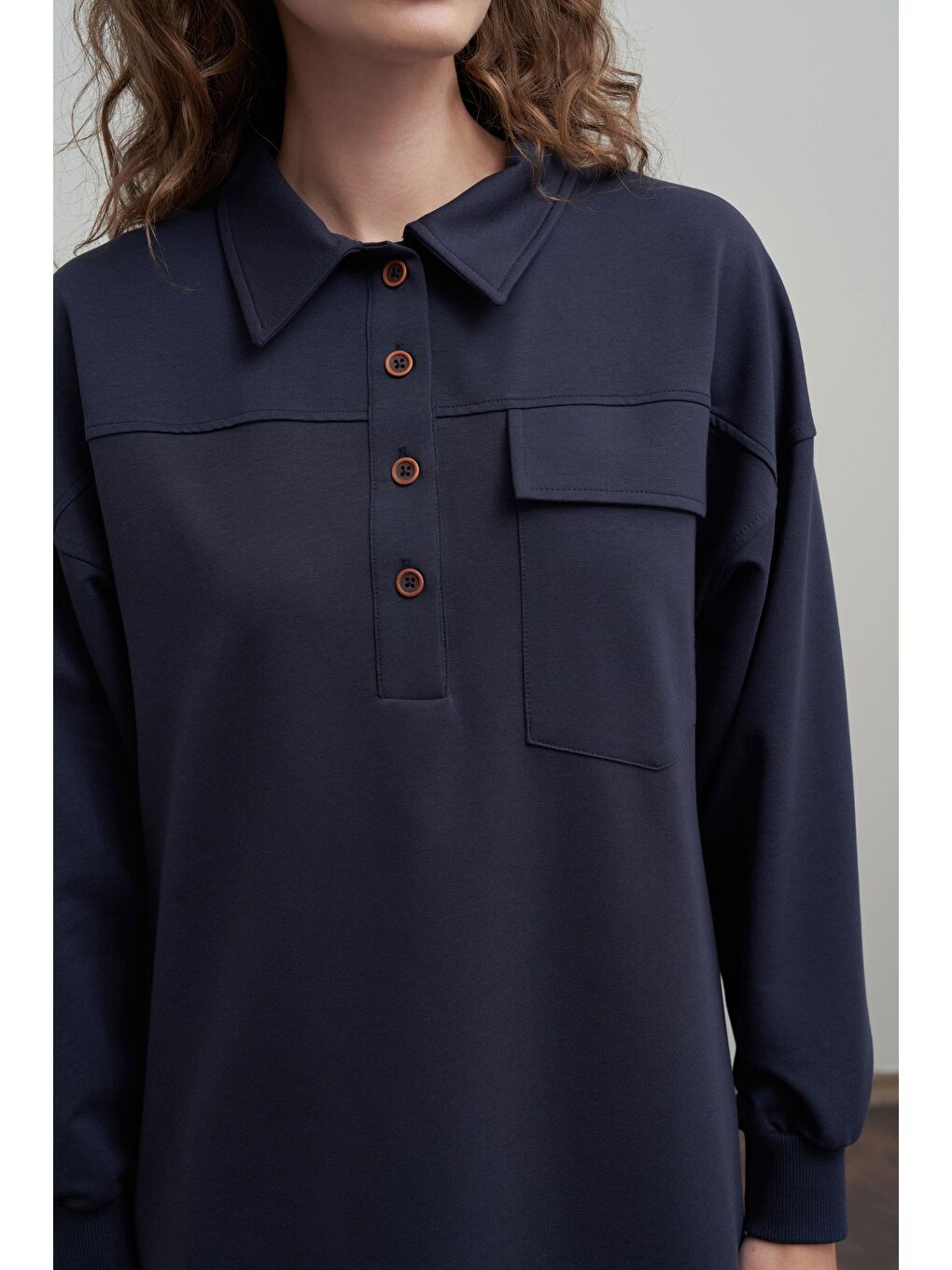 Lacivert-Pamuklu Cep Detaylı Tunik-4