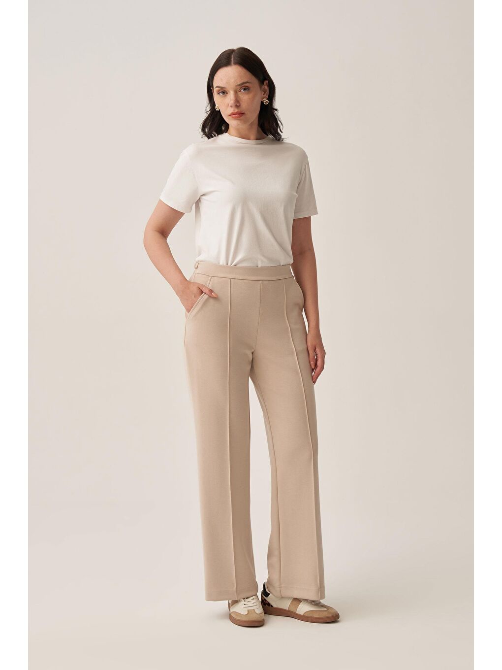 Bej Taş-Yumuşak Dokulu Palazzo Pantolon-1