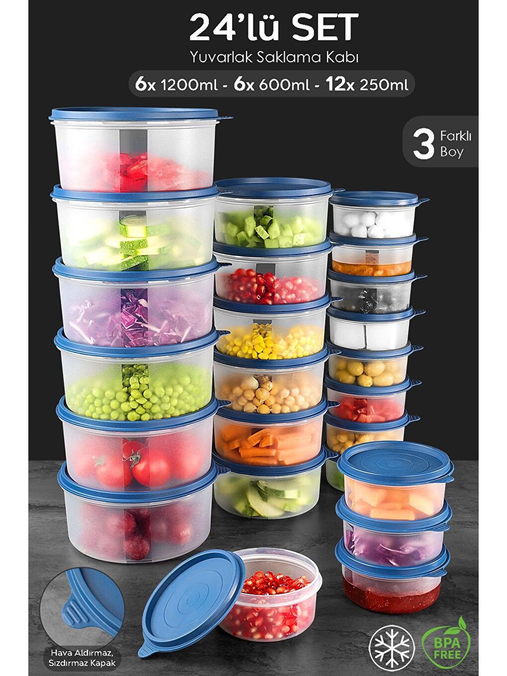 24'lü Yuvarlak Gıda Saklama Kabı Seti 12x250 6x600 6x1200 ml Lacivert