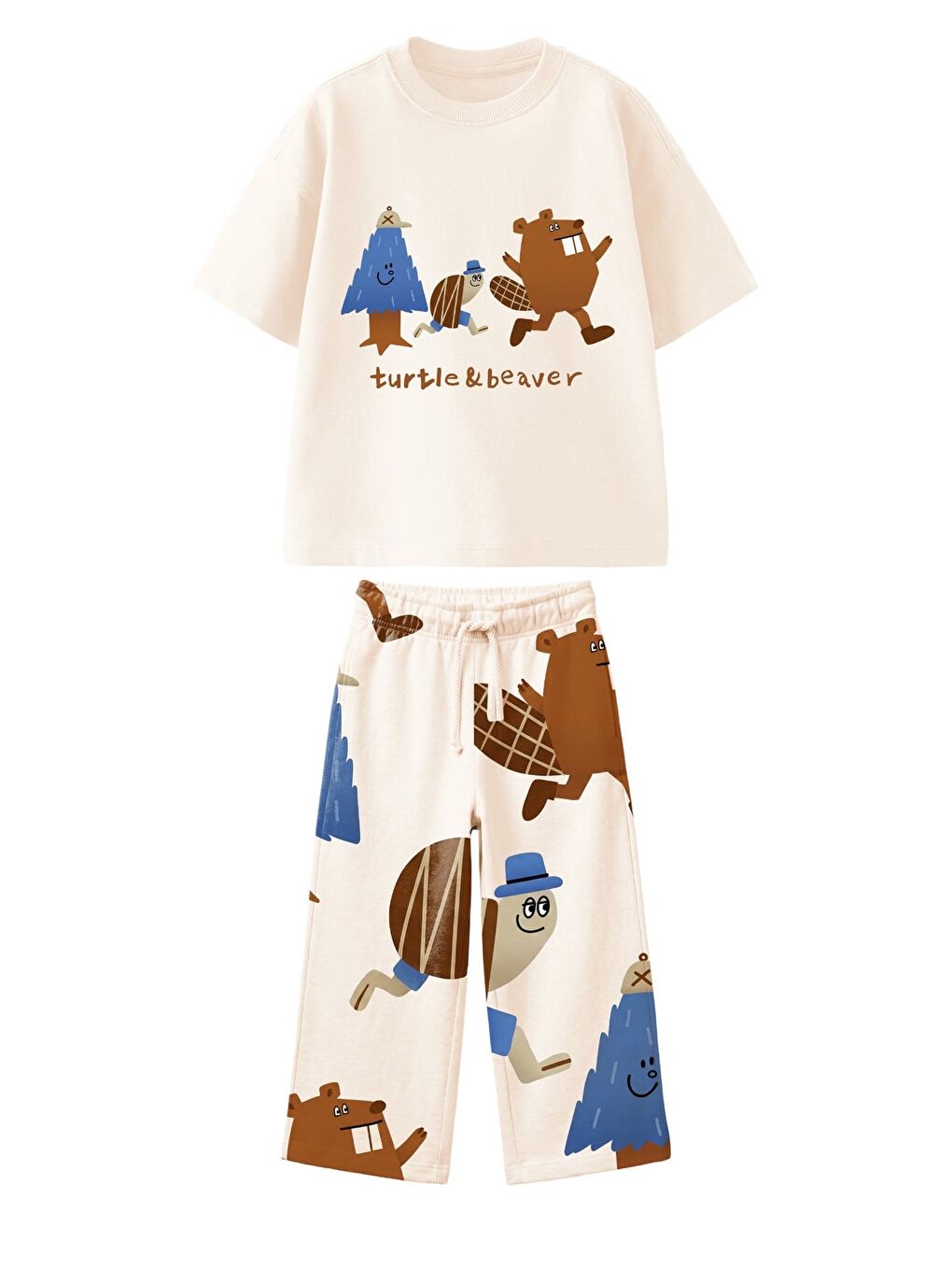 Bej Erkek Çocuk Pamuklu Taş Hayvan Baskılı T-Shirt Ve Eşofman Alt Üst Takım-1
