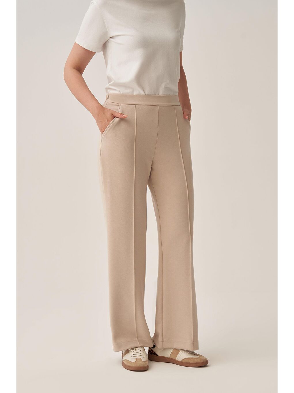 Bej Taş-Yumuşak Dokulu Palazzo Pantolon-4