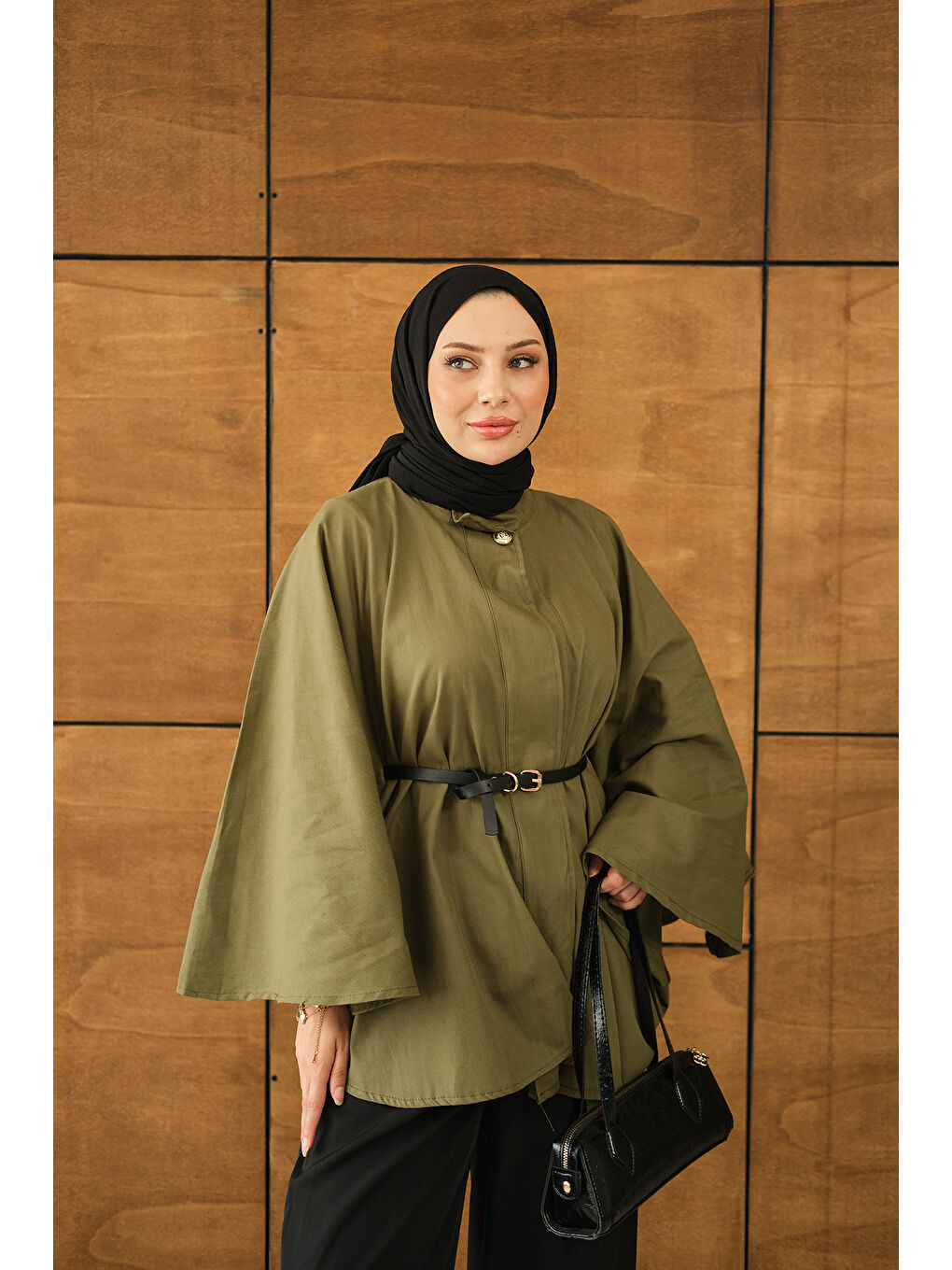 Kemerli Gabardin Ceket Yeşil-3