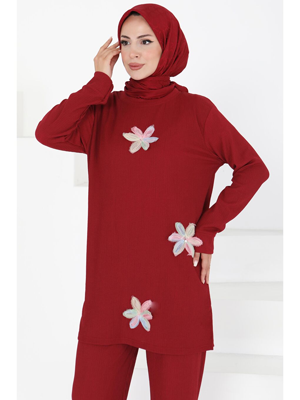 Çiçek Detaylı İkili Takım Bordo - 27371-1