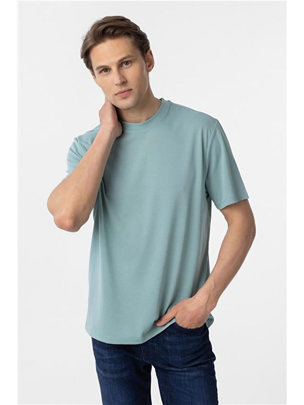 Yeşil Slim Armürlü Bisiklet Yaka Tişört-2