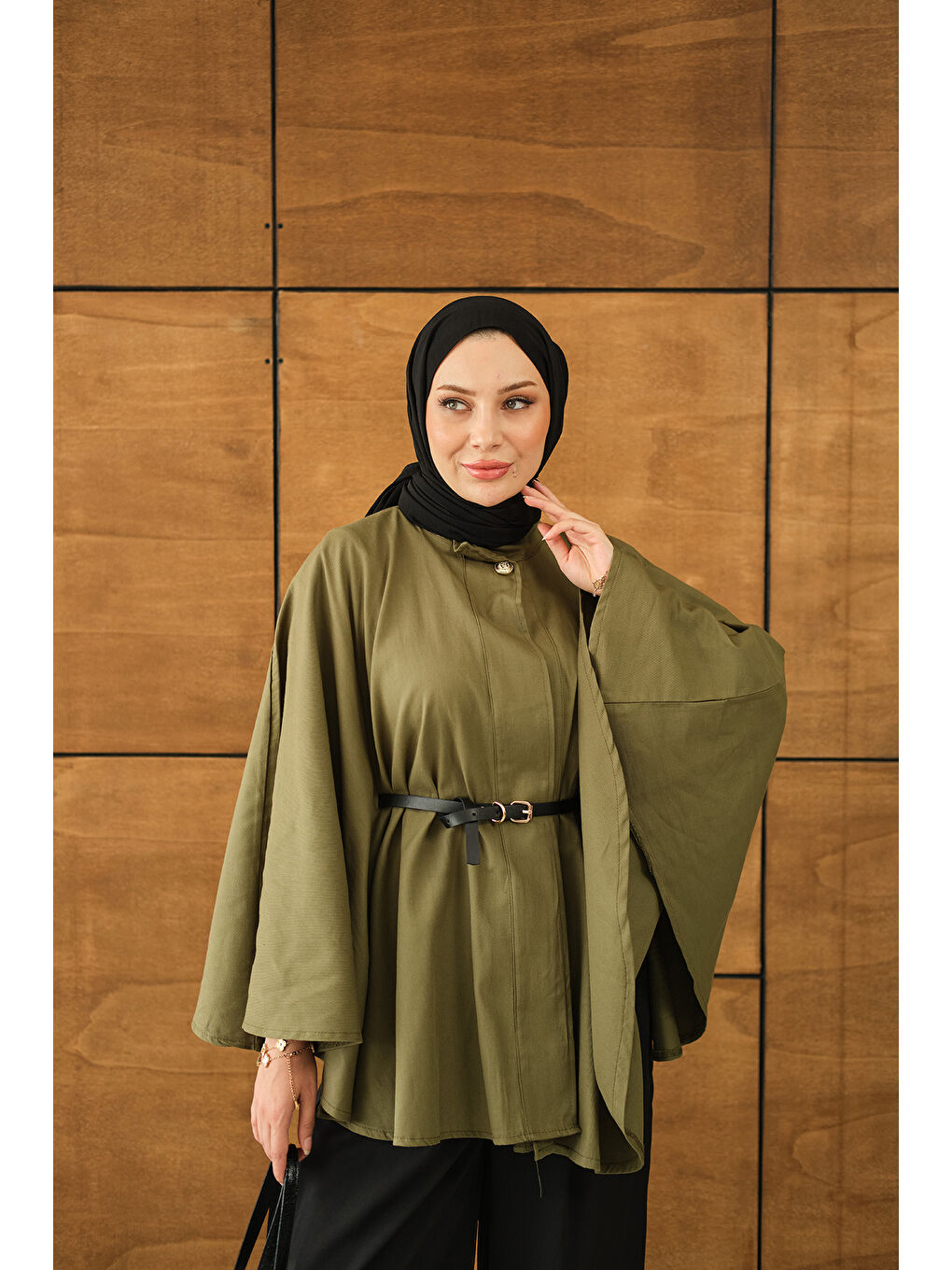 Kemerli Gabardin Ceket Yeşil-4