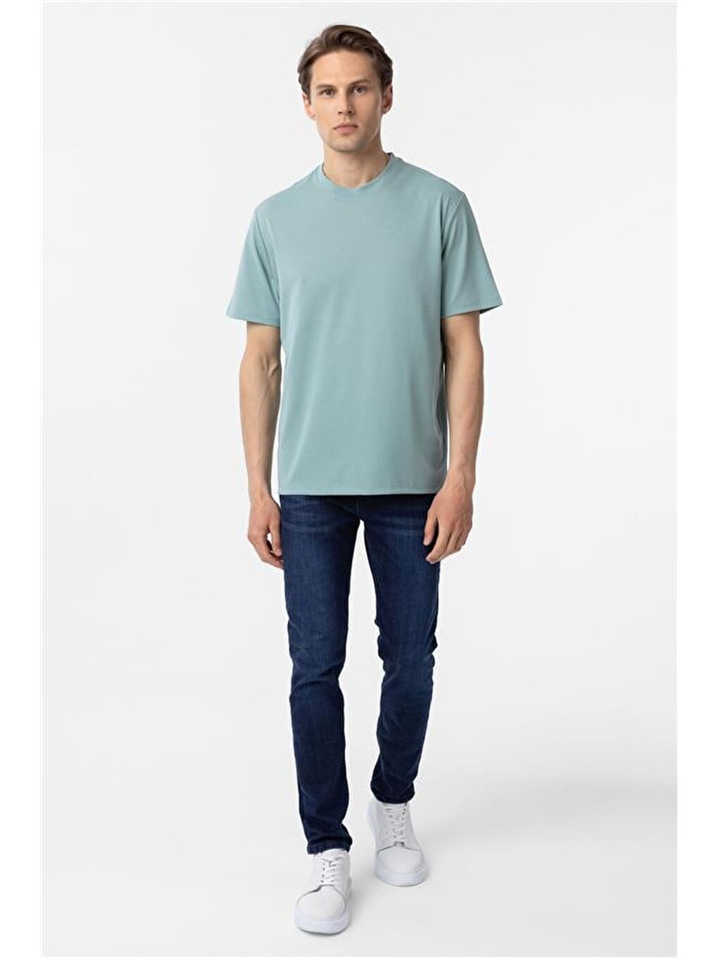 Yeşil Slim Armürlü Bisiklet Yaka Tişört-5