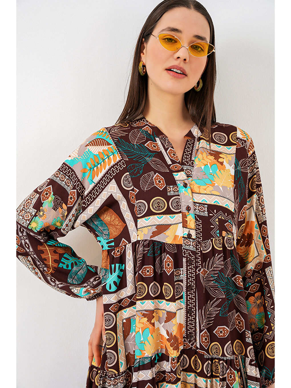 Kahverengi Kadın Desenli Uzun Tesettür Elbise 2585 - D.Kahve-1