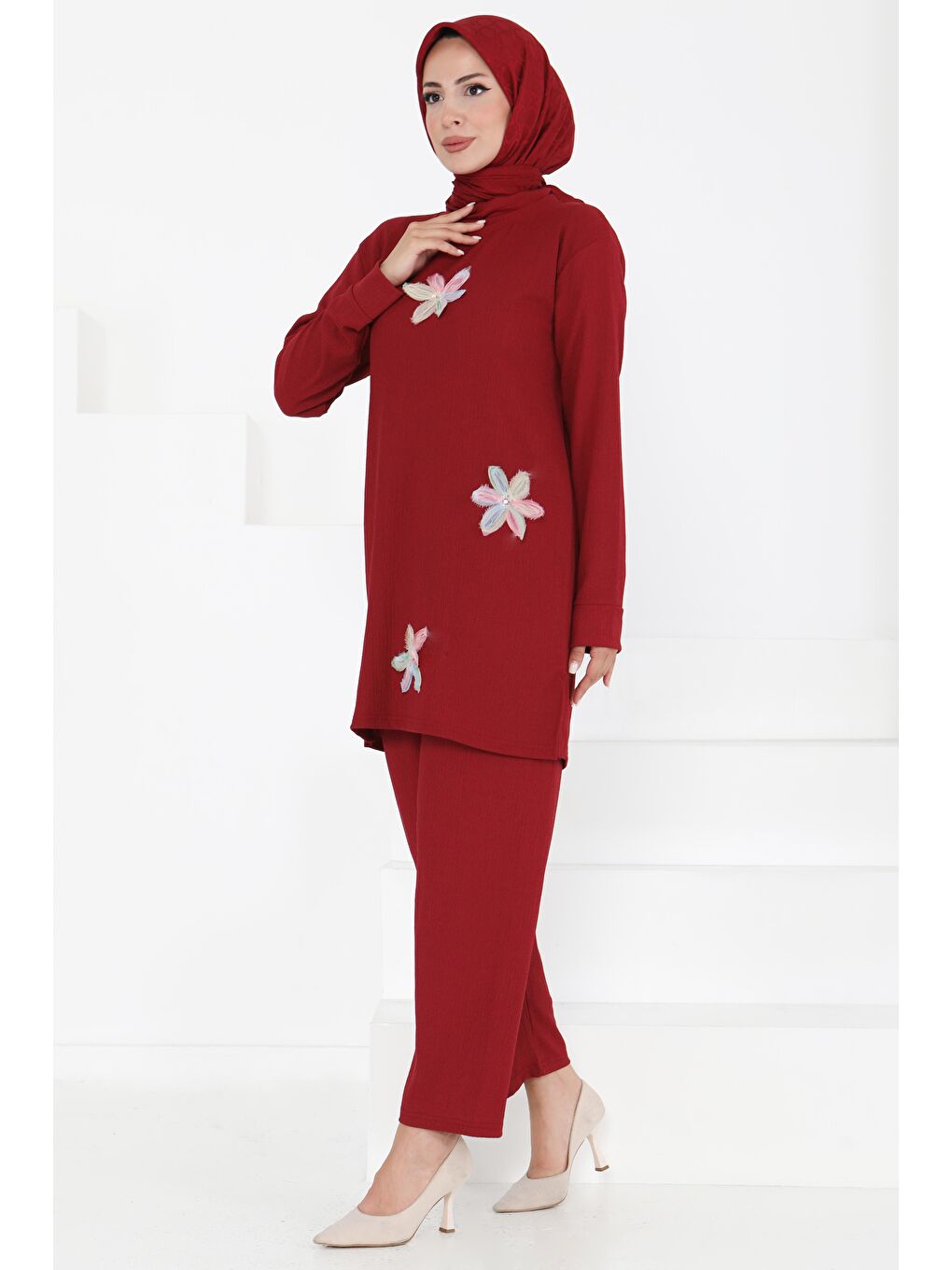 Çiçek Detaylı İkili Takım Bordo - 27371-2