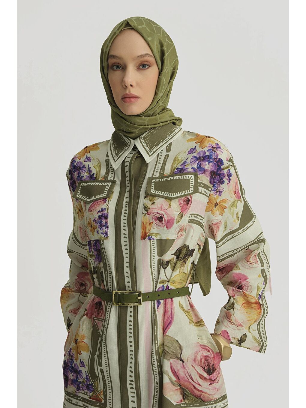 Haki Çiçek Desenli Elbise 25Y9001 Naturel-1