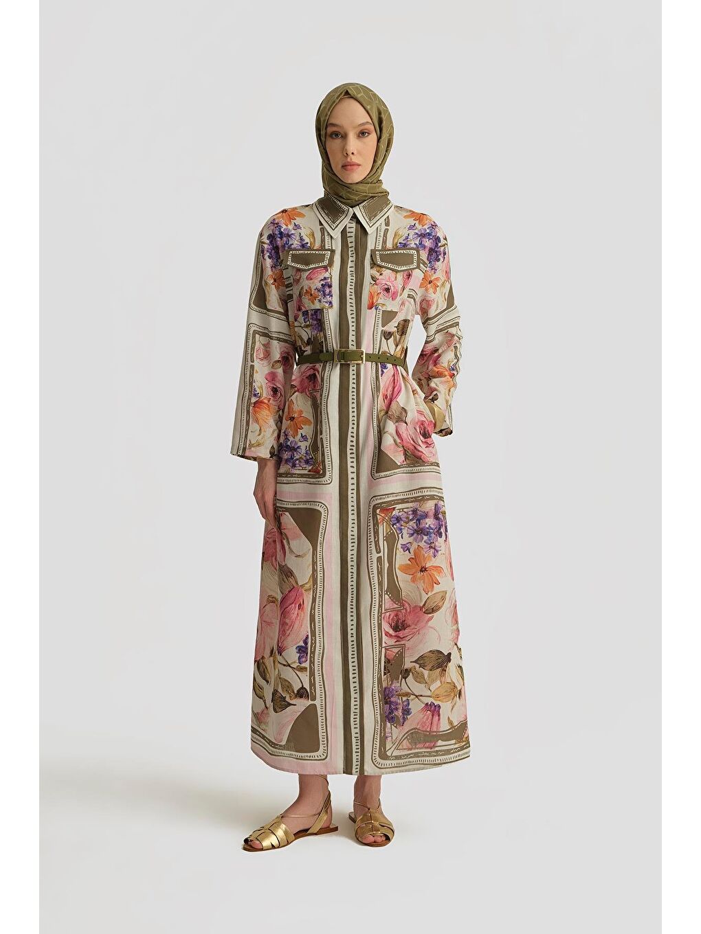 Haki Çiçek Desenli Elbise 25Y9001 Naturel-2