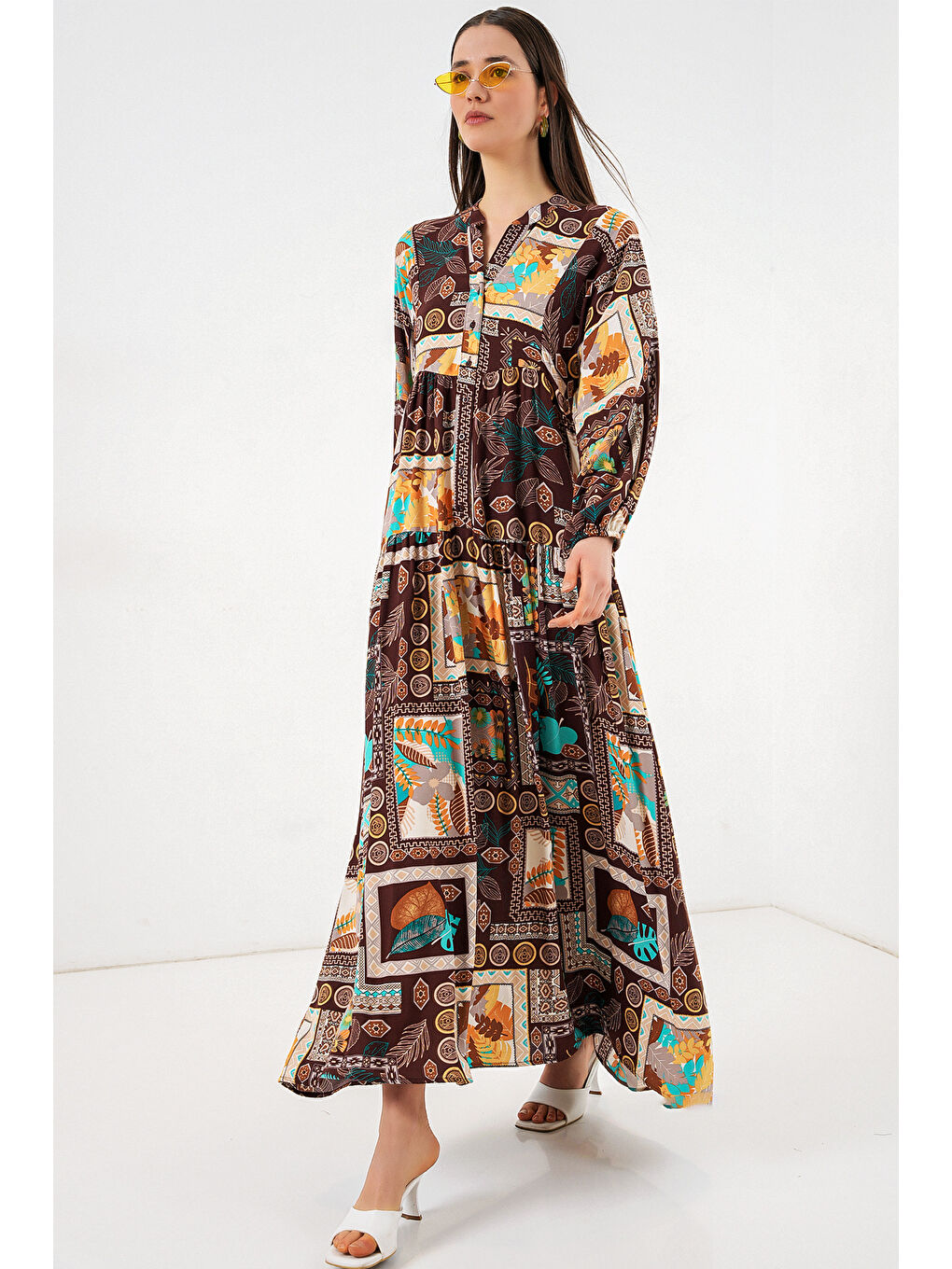 Kahverengi Kadın Desenli Uzun Tesettür Elbise 2585 - D.Kahve-2