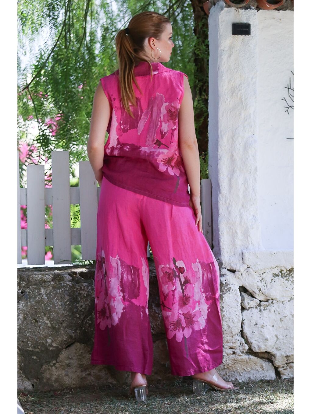 İtalyan Fuşya Ceket Yaka Kolsuz Desenli Düğmeli Cepli Keten Dokuma Alt Üst Takım 58-119 56-84-1