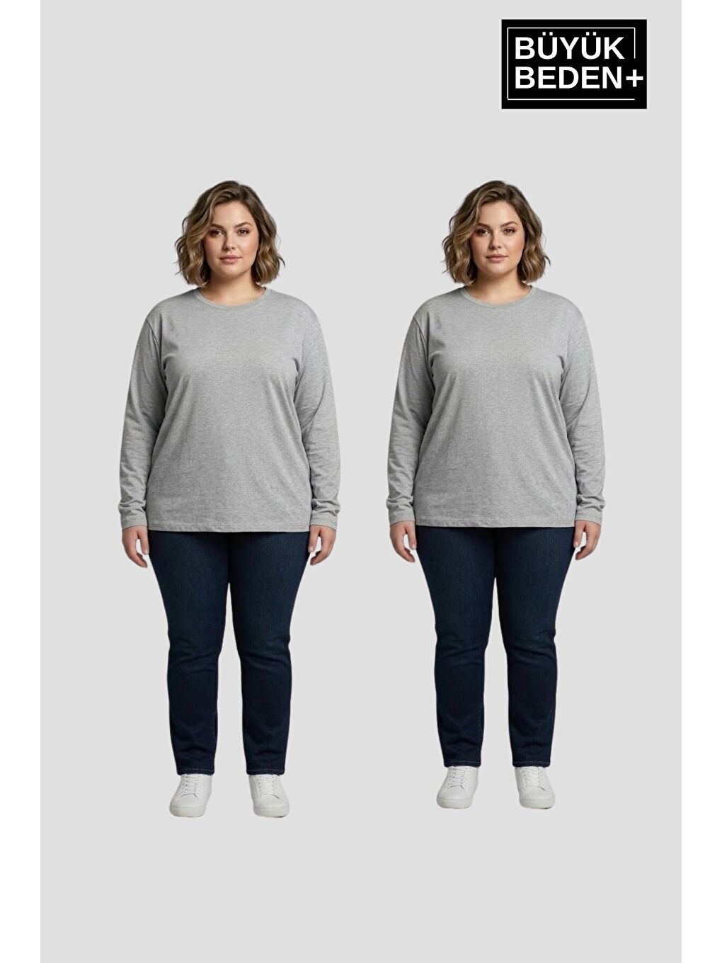 Gri Kadın Büyük Beden 2'li Set Uzun Kollu 2 İplik Bisiklet Yaka Tişört SPR26BEA942+2