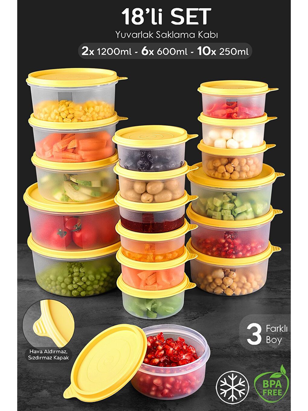 18'li Yuvarlak Gıda Saklama Kabı Seti 10x250 6x600 2x1200 ml Sarı