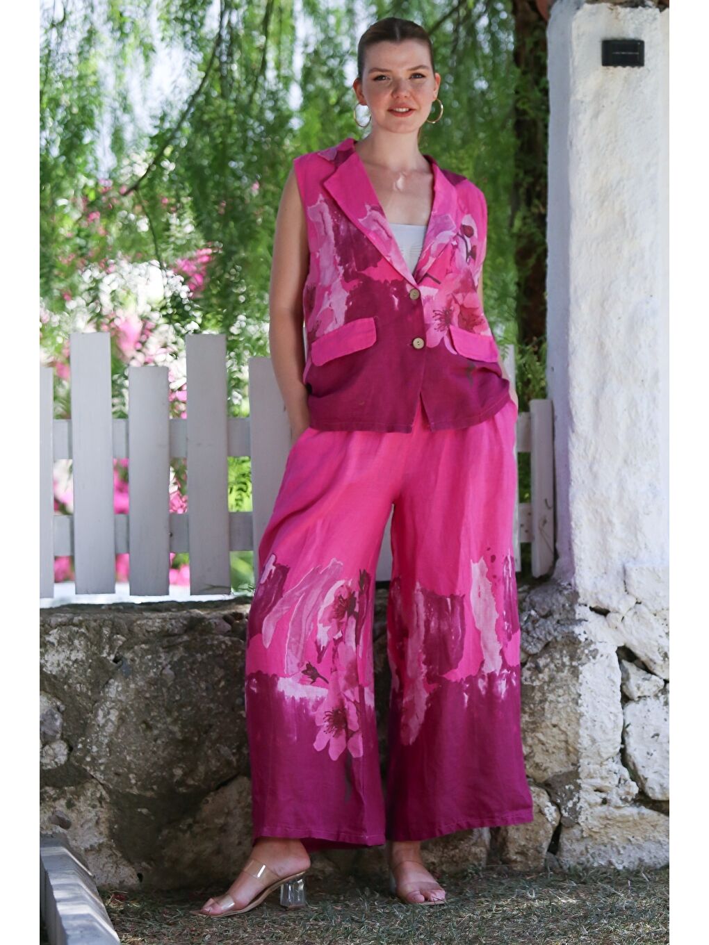 İtalyan Fuşya Ceket Yaka Kolsuz Desenli Düğmeli Cepli Keten Dokuma Alt Üst Takım 58-119 56-84-2