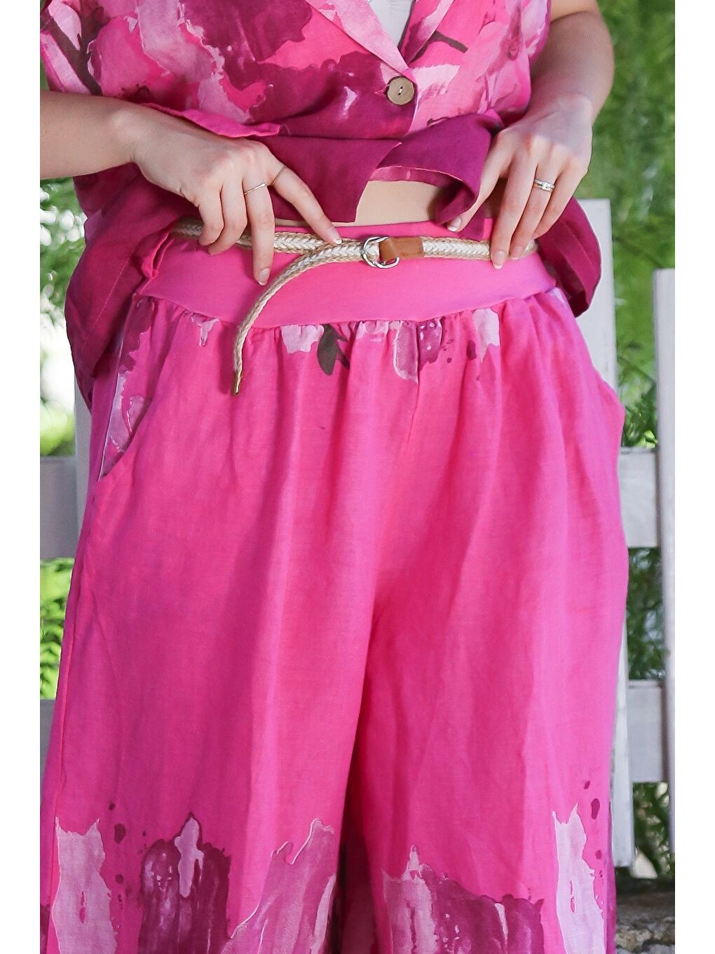 İtalyan Fuşya Ceket Yaka Kolsuz Desenli Düğmeli Cepli Keten Dokuma Alt Üst Takım 58-119 56-84-3