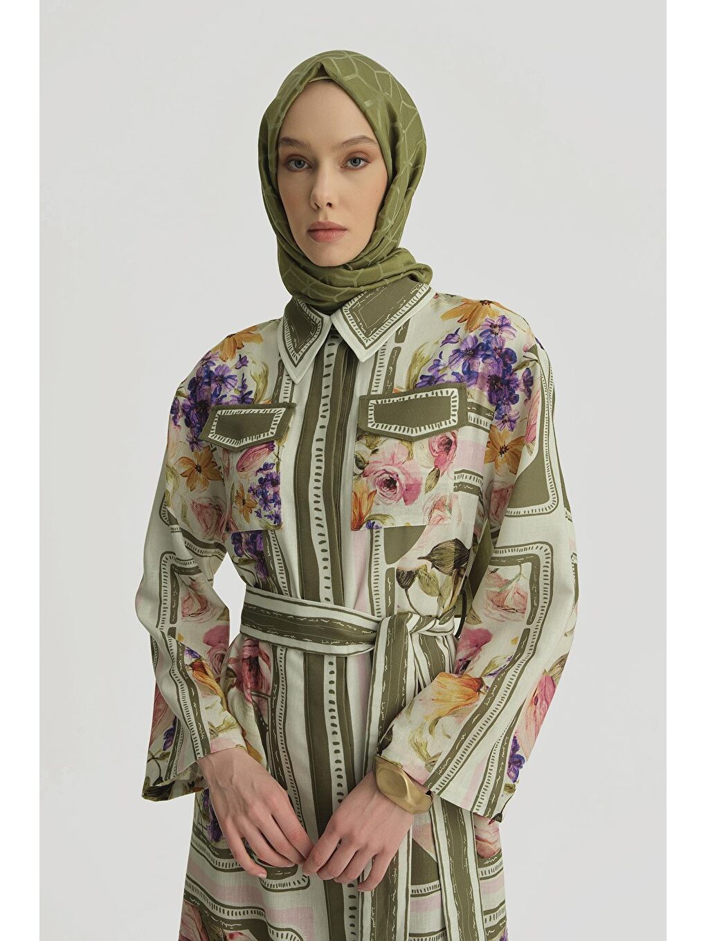 Haki Çiçek Desenli Elbise 25Y9001 Naturel-3