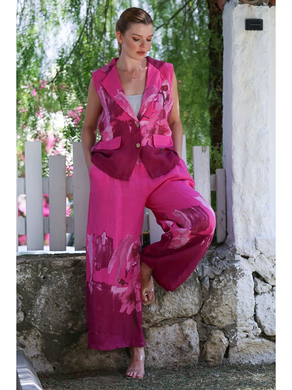 İtalyan Fuşya Ceket Yaka Kolsuz Desenli Düğmeli Cepli Keten Dokuma Alt Üst Takım 58-119 56-84-4