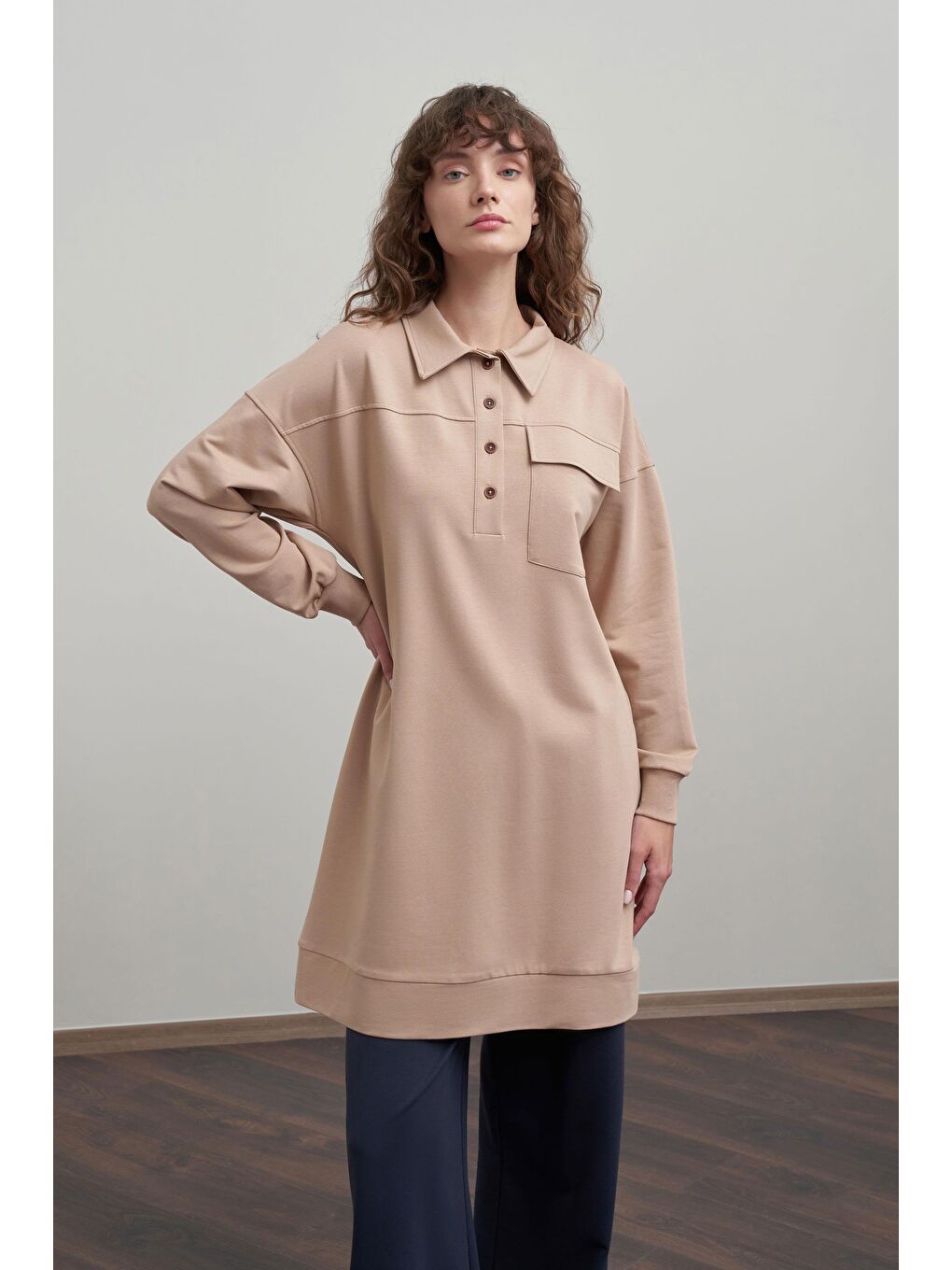 Bej Vizon-Pamuklu Cep Detaylı Tunik