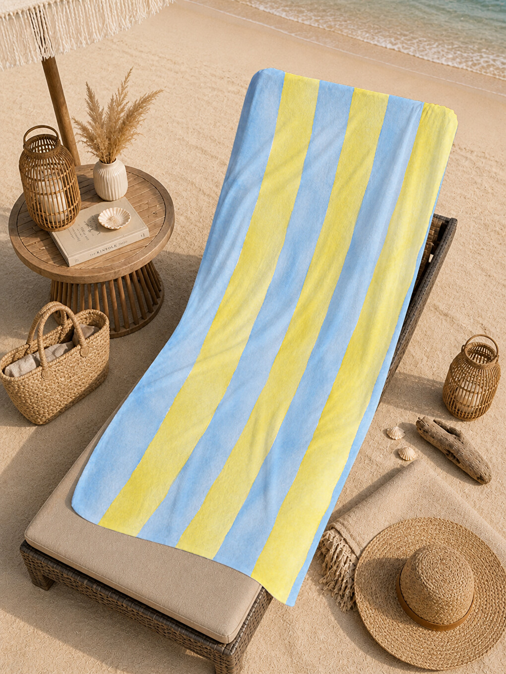 Pastel Sarı Mavi Suluboya Çizgili Desenli 70x150 Plaj Havlusu - Dijital Baskılı Solmaz Banyo Havlusu-3