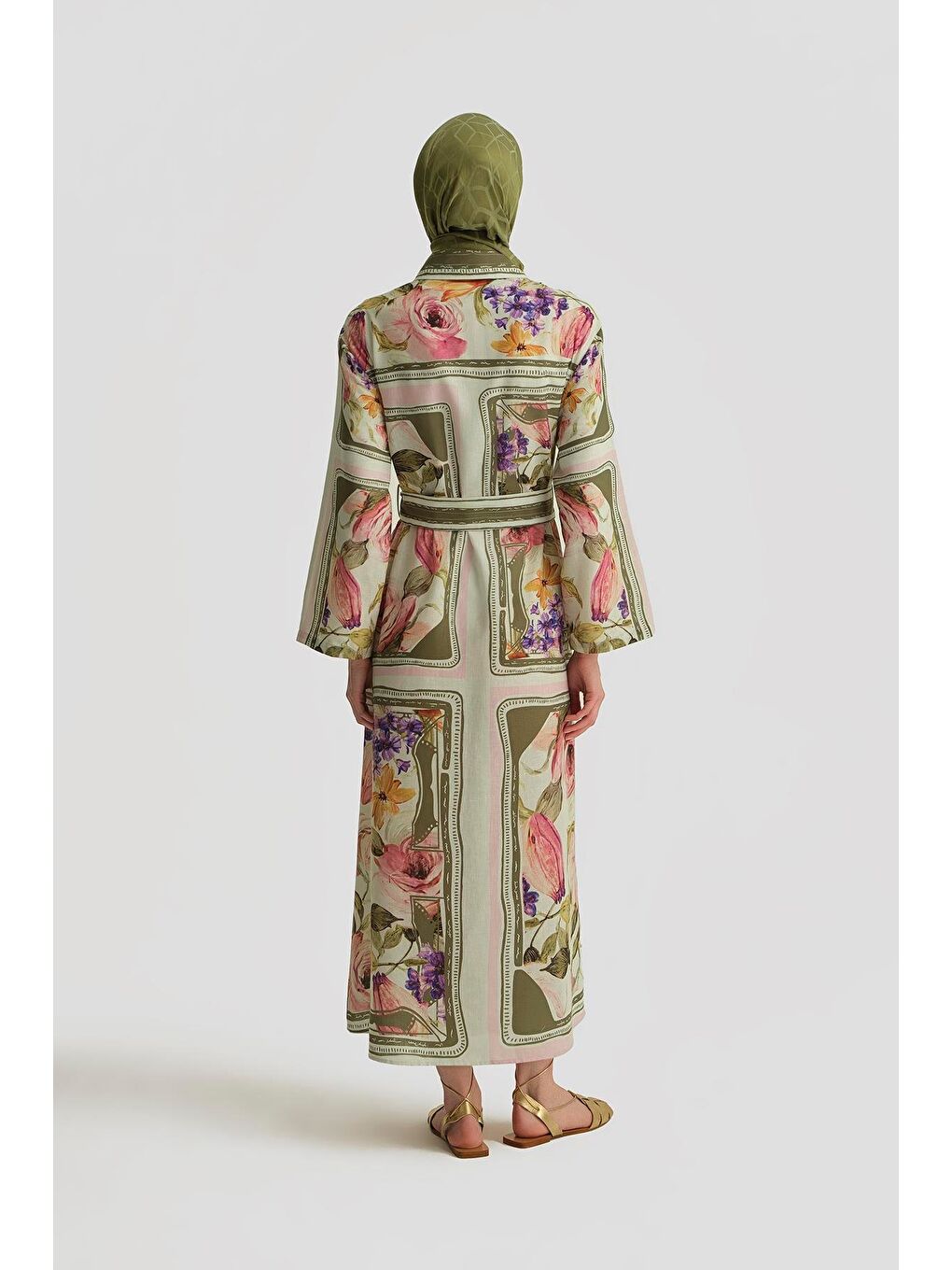 Haki Çiçek Desenli Elbise 25Y9001 Naturel-4