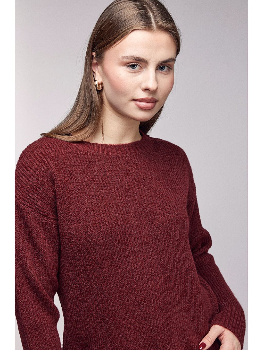 Bordo Bisiklet Yaka Dokulu Triko Kazak-1